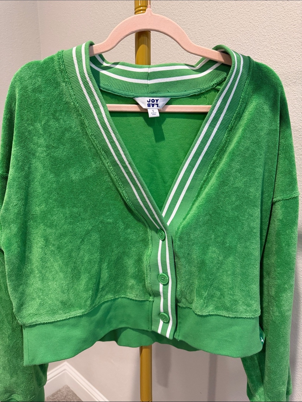 JoyLab Green Velour Cropped Cardigan Sweatshirt Small Varsity Lounge
